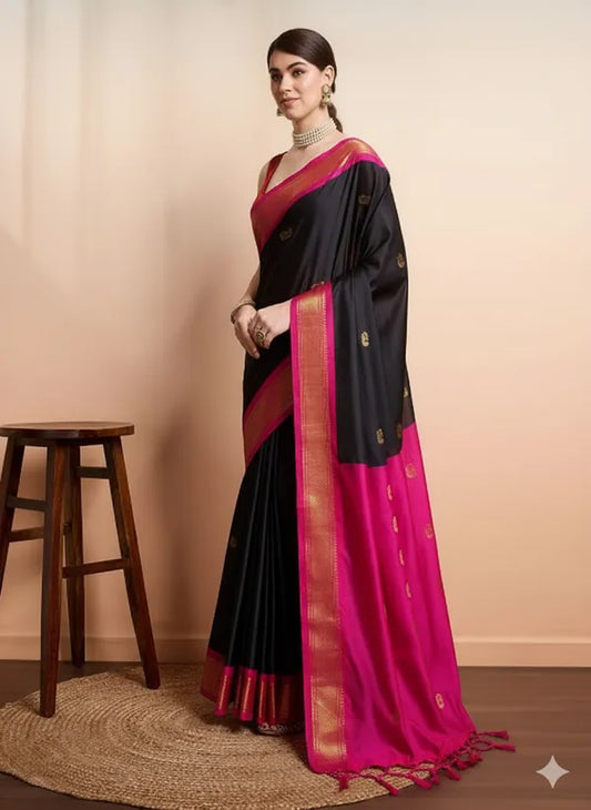 Black Pink Soft Cotton Silk Blush Noir Grace Saree For Women