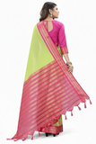 Parrot Green & Pink Soft Cotton Silk Tropical Blush Bliss Saree For Women