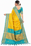 Golden Cyan Soft Cotton Silk Bloom Saree For Women