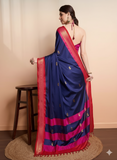 Navy Blue Red Soft Cotton Silk Nautical Ruby Charm Saree For Women