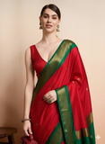 Red Green Soft Cotton Silk Crimson Meadow Glow Saree For Women