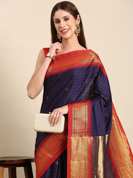 Navy Blue Red Soft Cotton Silk Nautical Ruby Muse Saree For Women
