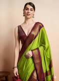 Lime Green Brown Soft Cotton Silk Earth Harmony Saree For Women