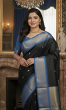 Black And Blue Soft Cotton Silk Mid Night Harmony Saree For Women