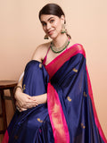 Navy Blue Pink Soft Cotton Silk Ocean Blush Essence Saree For Women