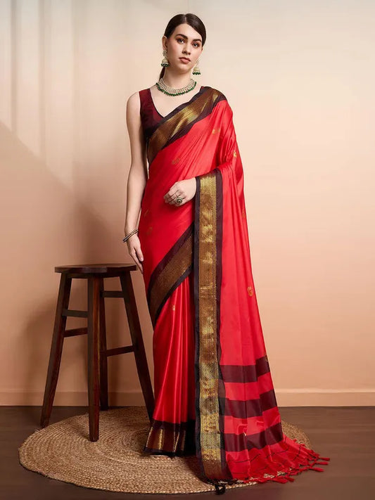 Red Brown Soft Cotton Silk Timeless Crimson Saree For Women