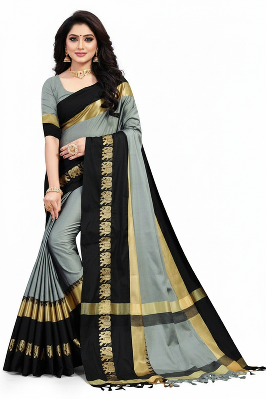 Grey & Black Soft Cotton Silk Emerald Bloom Saree For Women