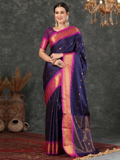 Navy Blue Pink Soft Cotton Silk Ocean Rose Delight Saree For Women