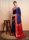 Navy Blue Red Soft Cotton Silk Nautical Ruby Charm Saree For Women