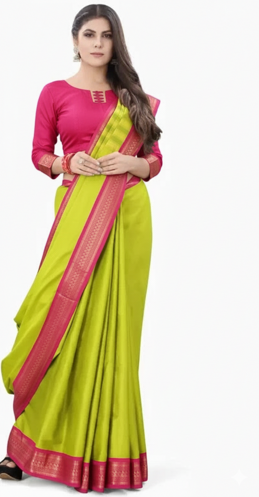 Parrot Green & Pink Soft Cotton Silk Tropical Blush Bliss Saree For Women