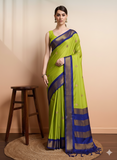 Lime Green Blue Soft Cotton Silk Citrus Ocean Aura Saree For Women