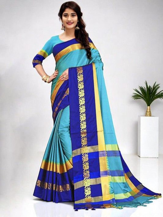 Cyan Blue Soft Cotton Silk Azure Mist Aura Saree For Women