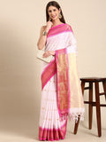 White & Pink Soft Cotton Silk Pearl Rose Grace Saree For Women