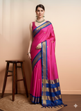Pink Blue Soft Cotton Silk Rose Sky Serenity Saree For Women