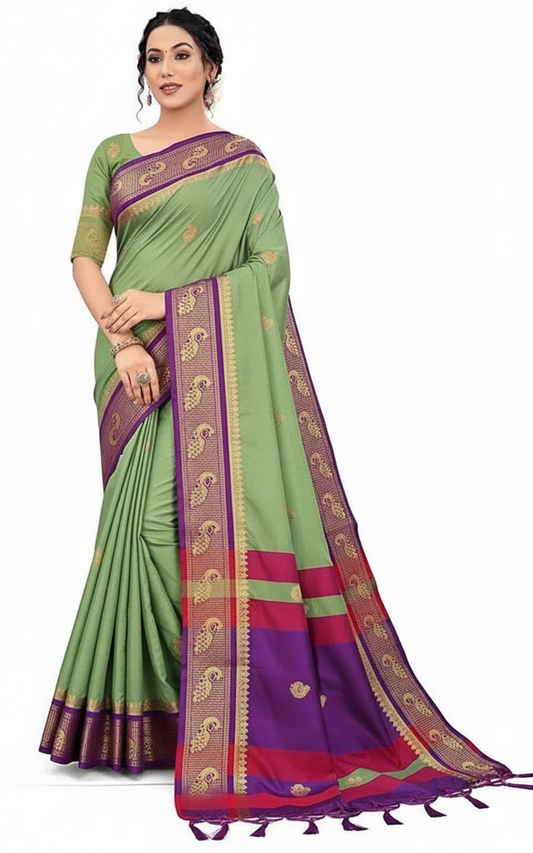 Sage Green & Purple Soft Cotton Silk Orchid Whisper Saree For Women