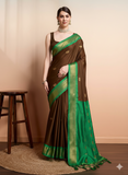 Brown Green Soft Cotton Silk Olive Meadow Essence Saree For Women