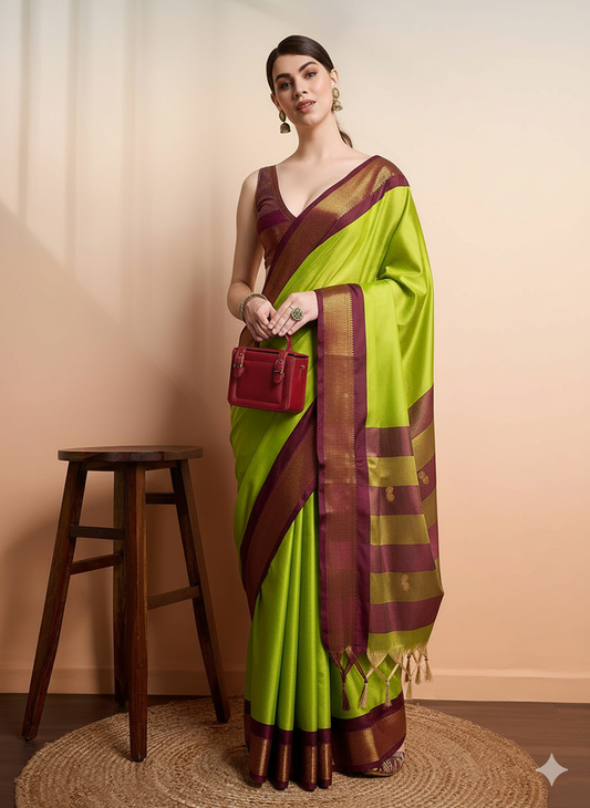 Lime Green Brown Soft Cotton Silk Earth Harmony Saree For Women