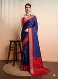 Navy Blue Red Soft Cotton Silk Nautical Ruby Charm Saree For Women