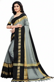 Grey & Black Soft Cotton Silk Emerald Bloom Saree For Women