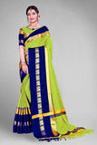 Lemon Green & Blue Soft Cotton Silk Citrus Ocean Harmony Saree For Women