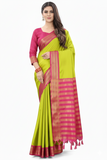 Parrot Green & Pink Soft Cotton Silk Tropical Blush Bliss Saree For Women
