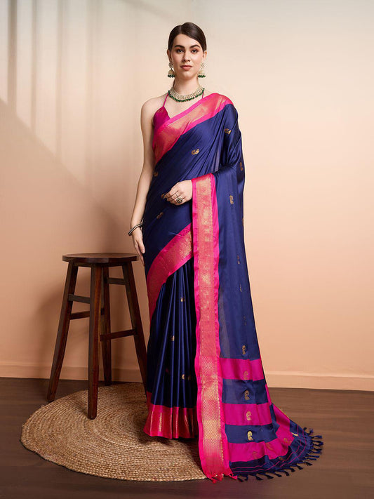 Navy Blue Pink Soft Cotton Silk Ocean Blush Essence Saree For Women
