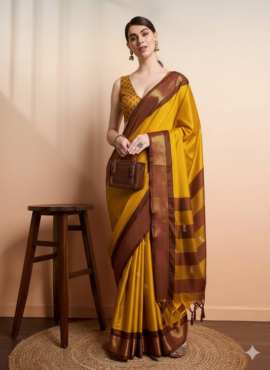 Yellow & Brown Soft Cotton Silk Amber Earth Allure Saree For Women
