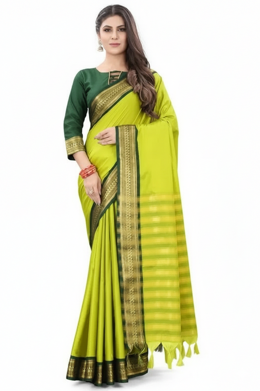 Green Soft Cotton Silk Emerald Serenity Glow Saree For Women