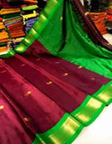 Brown Green Soft Cotton Silk Olive Meadow Essence Saree For Women
