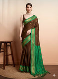 Brown Green Soft Cotton Silk Olive Meadow Essence Saree For Women