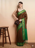 Brown Green Soft Cotton Silk Olive Meadow Essence Saree For Women