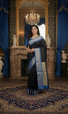 Black And Blue Soft Cotton Silk Mid Night Harmony Saree For Women