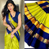 Lemon Green & Blue Soft Cotton Silk Citrus Ocean Harmony Saree For Women