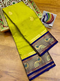 Lemon Green & Navy Blue Soft Cotton Silk Ocean Spark Saree For Women