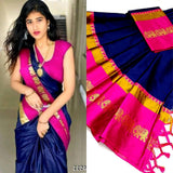 Navy Blue & Pink Soft Cotton Silk Marine Blush Bloom Saree For Women