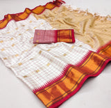 White & Red Soft Cotton Silk Ivory Ruby Radiance Saree For Women