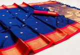 Navy Blue Red Soft Cotton Silk Nautical Ruby Muse Saree For Women