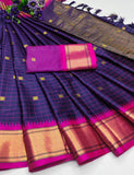 Navy Blue Pink Soft Cotton Silk Ocean Rose Delight Saree For Women