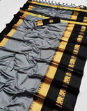 Grey & Black Soft Cotton Silk Emerald Bloom Saree For Women