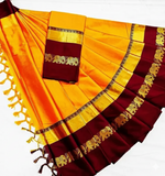 Mustard Yellow & Maroon Soft Cotton Silk Heritage Grandeur Saree For Women