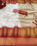 White & Red Soft Cotton Silk Ivory Ruby Radiance Saree For Women