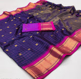 Navy Blue Pink Soft Cotton Silk Ocean Rose Delight Saree For Women