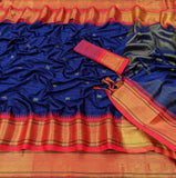 Navy Blue Red Soft Cotton Silk Nautical Ruby Muse Saree For Women