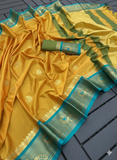 Golden Cyan Soft Cotton Silk Bloom Saree For Women