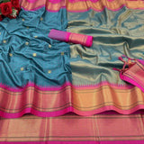 Teal Blue & Pink Soft Cotton Silk Blush Mirage Saree For Women