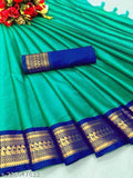 Cyan Blue Soft Cotton Silk Azure Mist Serenity Saree For Women