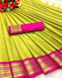 Parrot Green & Pink Soft Cotton Silk Tropical Blush Bliss Saree For Women
