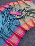 Teal Blue & Pink Soft Cotton Silk Blush Mirage Saree For Women