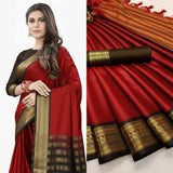 Red & Brown Soft Cotton Silk Ruby Garden Charm Saree For Women