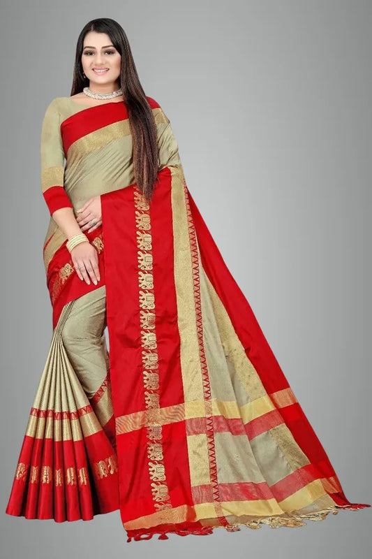 Tusar Red Soft Cotton Silk Crimson Elegance Saree For Women